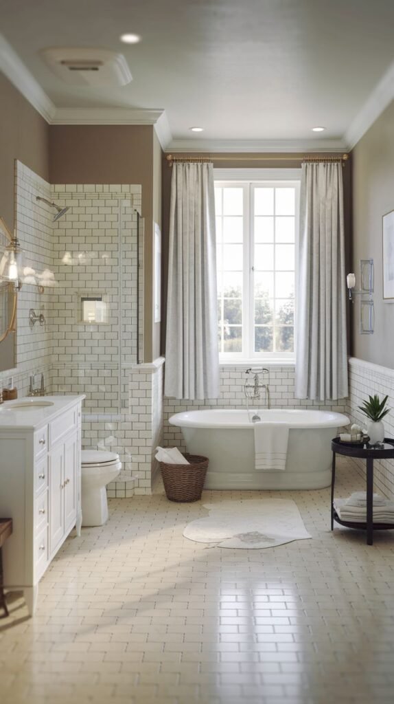 A bright, luxury Guest Bathroom showcasing a freestanding tub positioned under a large window with white curtains. It also includes a white subway-tiled shower and a white vanity with drawers. A light-colored patterned rug is placed on the floor.