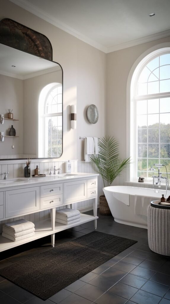 A grand, luxury Guest Bathroom featuring a large arched window that offers a view of greenery. The room contains a white freestanding tub and a long white double vanity with ample storage. A large, dark-framed mirror hangs above the vanity. The floor is dark tile, and a dark rug is present.