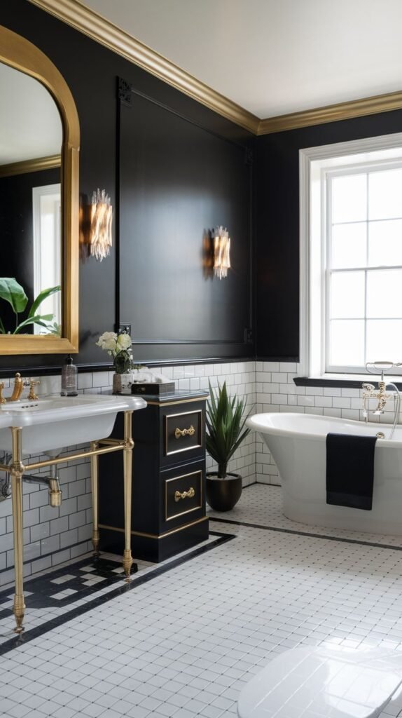 A bold, luxury Guest Bathroom characterized by striking black walls with gold trim, a white freestanding tub, and a white and black tiled floor. A gold-framed arched mirror hangs above a white sink with gold fixtures, situated next to a black and gold cabinet.