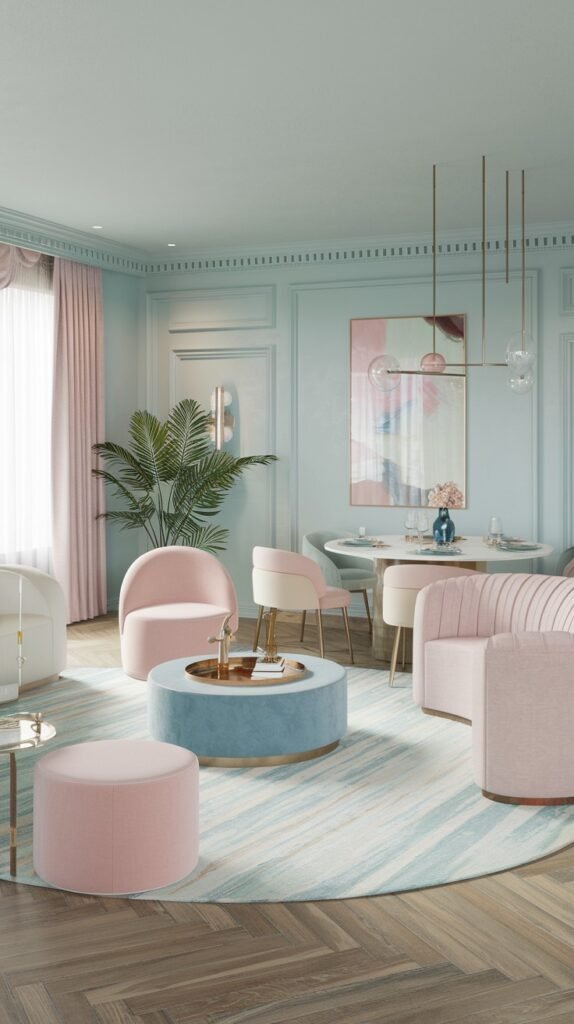 A sophisticated luxury pastel living and dining space featuring pastel blue walls, pastel pink chairs, and a pastel blue circular coffee table, exuding a serene and luxury pastel ambiance.