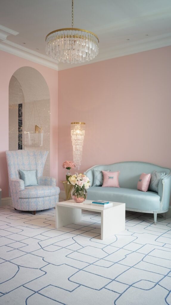 An elegant luxury pastel living room with pastel pink walls, a distinctive white and blue patterned rug, a pastel blue sofa with pastel pink cushions, and a large patterned luxury pastel blue armchair, illuminated by crystal chandeliers.
