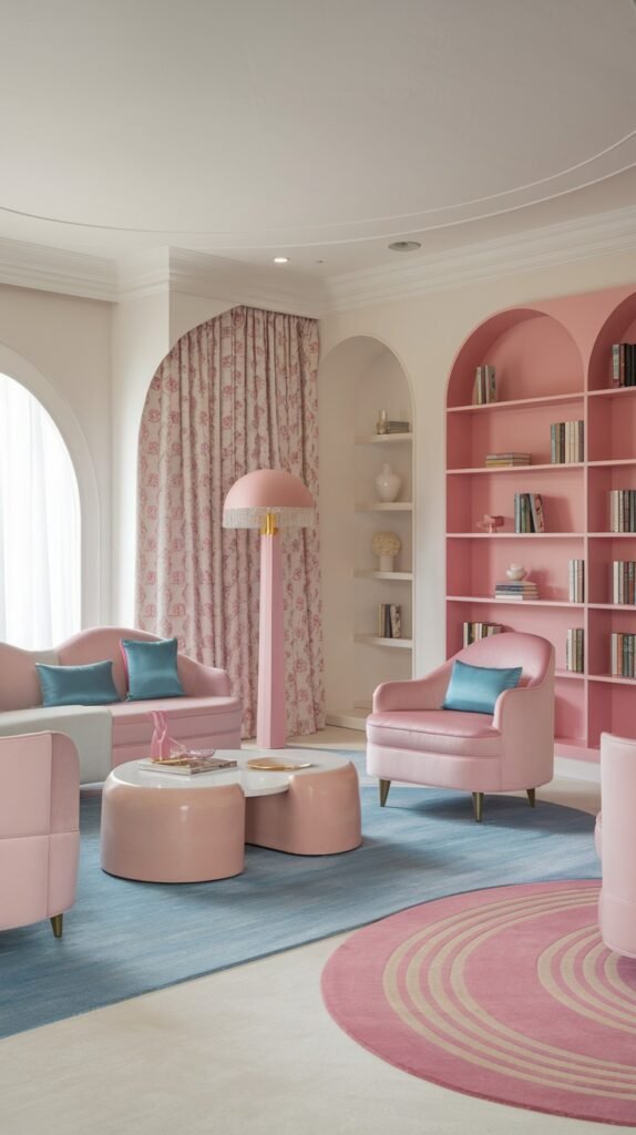 A charming luxury pastel living space with pastel pink arched bookshelves, a white sofa with pastel blue cushions, a pastel pink luxury armchair, pastel pink coffee tables, and a pastel blue rug with pastel pink circular patterns, offering a blend of luxury and whimsy.
