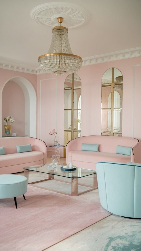 An exquisite luxury pastel living room featuring pastel pink walls, two pastel pink sofas with pastel blue cushions, a pastel blue luxury armchair, and a glass coffee table, all under a grand crystal chandelier, showcasing true luxury pastel design.