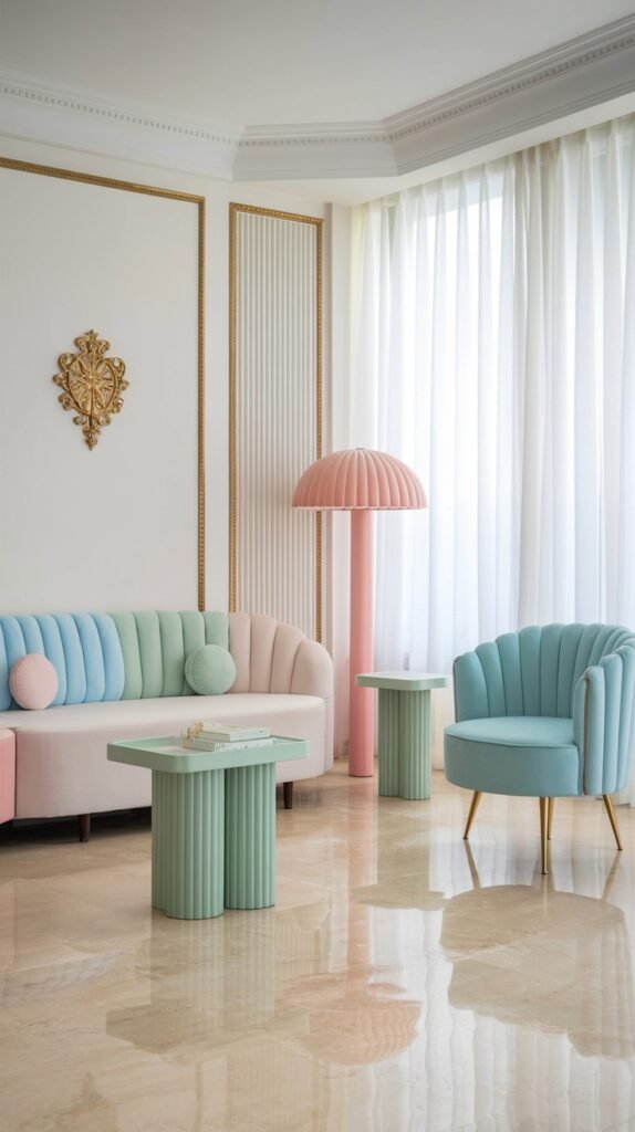 A vibrant and luxury pastel living room showcasing a multi-colored tufted sofa in pastel pink, pastel green, and pastel blue, a pastel green fluted coffee table, a pastel blue luxury armchair, and a tall pastel pink mushroom lamp, exuding modern luxury pastel style.
