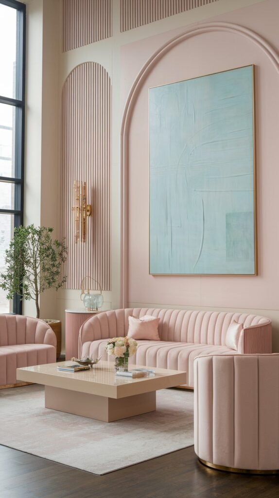 A grand and luxury pastel living room with pastel pink walls featuring architectural arches, a pastel pink tufted sofa, two matching pastel pink luxury armchairs, a pastel pink coffee table, and a striking pastel blue abstract painting, creating an elegant and luxury pastel ambiance.
