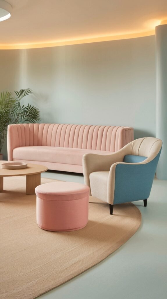 A modern luxury pastel living area featuring a pastel pink tufted sofa, a two-toned cream and pastel blue armchair, and a pastel pink ottoman on a neutral rug, set against subtly curved pastel blue and pastel pink walls, offering a cozy luxury pastel feel.