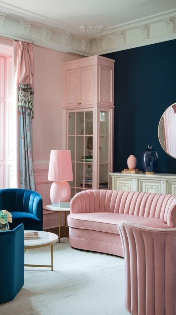 A striking luxury pastel living room combining a bold dark blue accent wall with pastel pink walls and curtains, featuring a pastel pink tufted sofa, two dark blue luxury armchairs, and a pastel pink cabinet, creating a dramatic yet luxury pastel contrast.