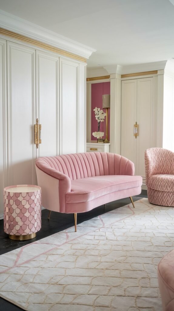 A serene luxury pastel space with a pastel pink tufted sofa, a pastel pink patterned armchair, and a unique pastel pink and white patterned side table, set against white wardrobes with gold accents, embodying luxury pastel comfort.