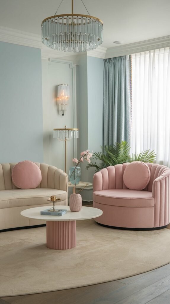 A cozy and luxury pastel living area with a cream tufted sofa, a pastel pink luxury armchair, a white coffee table with a pastel pink fluted base, and pastel blue walls, providing a soft and inviting luxury pastel setting.