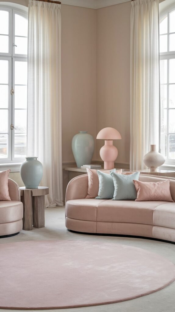 A luminous luxury pastel living room featuring a large pastel pink circular rug, a curved pastel pink sofa, two matching pastel pink luxury armchairs, and various pastel-colored decorative vases and a pastel pink mushroom lamp, creating a harmonious and luxury pastel space.