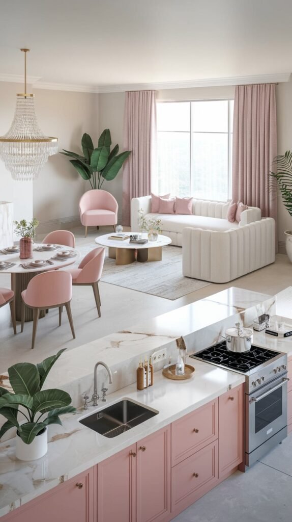 An inviting luxury pastel open-plan kitchen and living area, showcasing pastel pink kitchen cabinets with marble countertops, a white sofa, pastel pink luxury armchairs, and a pastel pink rug, offering a cohesive and luxury pastel design.