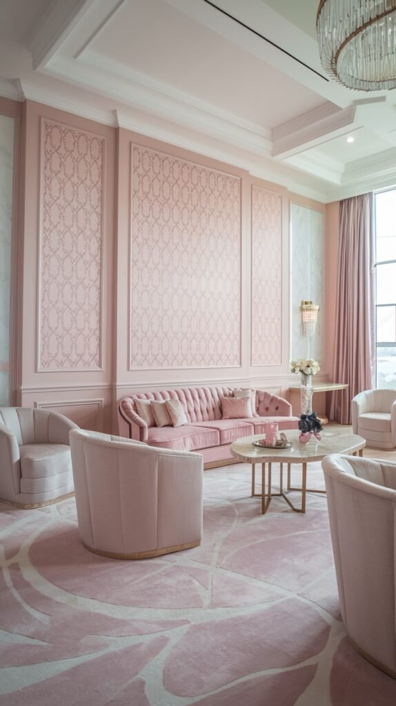 A regal and luxury pastel living room adorned with pastel pink walls featuring intricate patterned paneling, a pastel pink tufted sofa, multiple pastel pink luxury armchairs, and a large pastel pink leaf-patterned rug, exuding sophisticated luxury pastel appeal.