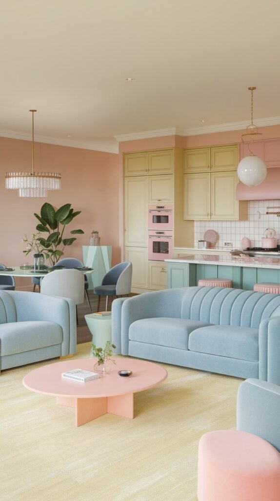 A cheerful and luxury pastel open-plan living and kitchen space, featuring walls in pastel pink and yellow, kitchen cabinets in pastel green and pastel pink, two pastel blue luxury sofas, and a pastel pink coffee table on a pastel yellow rug, creating a lively and luxury pastel environment.