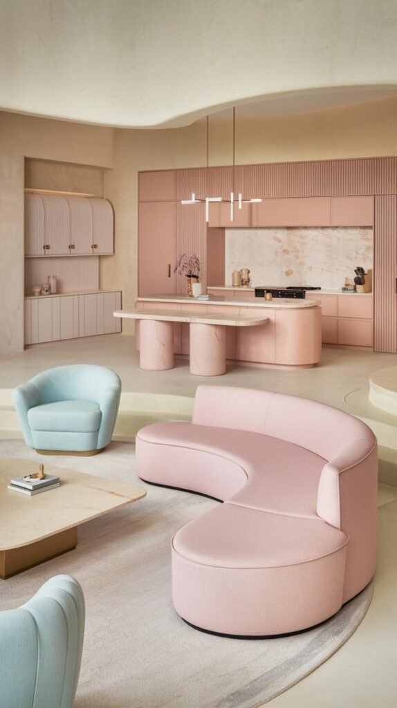 Luxury pastel open-plan living and kitchen area with a curved pastel pink sofa, a pastel blue armchair, and pastel pink kitchen cabinetry, creating a modern and luxury pastel aesthetic.