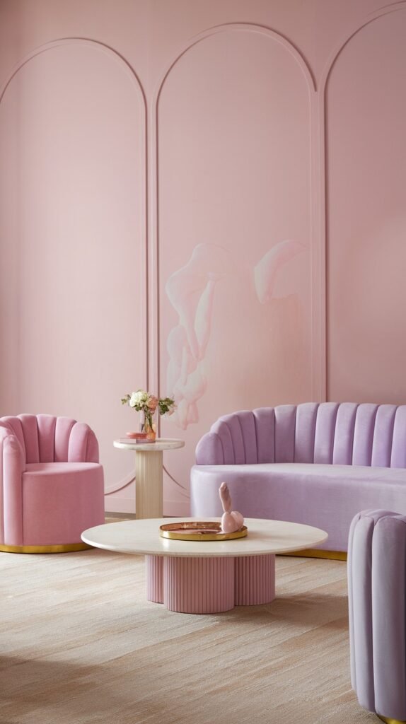 A serene luxury pastel living room with pastel pink arched walls, a pastel pink armchair, a pastel lavender sofa, and a round coffee table with a pastel pink base, creating a soft and luxury atmosphere.