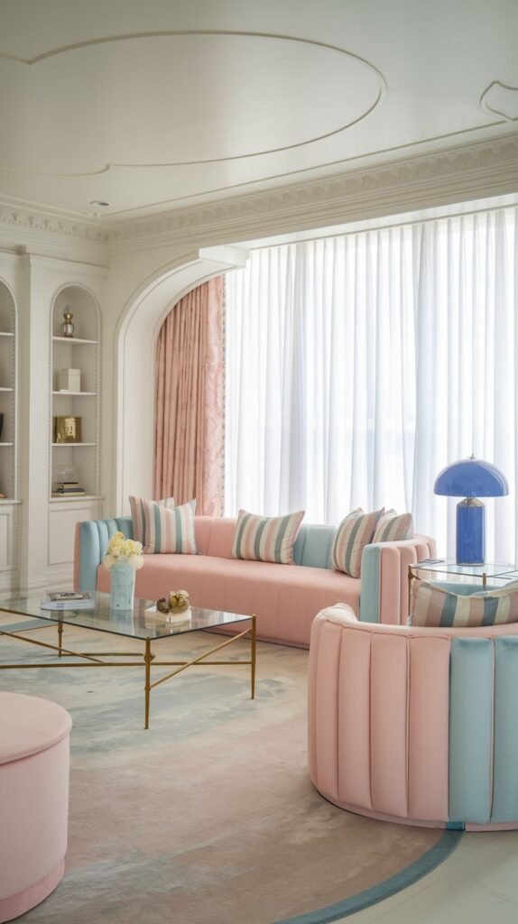 An elegant luxury pastel living room featuring a pastel pink sofa with striped pastel blue cushions, a pastel pink and pastel blue cylindrical armchair, a glass coffee table, and a pastel pink rug with pastel blue details, highlighting a refined luxury pastel design.
