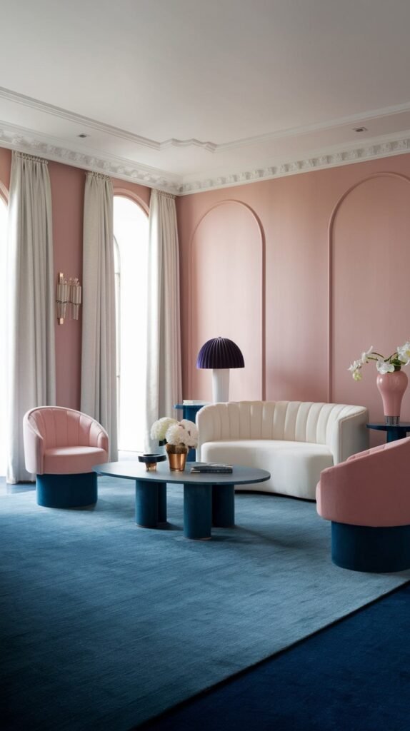 A sophisticated luxury pastel living room with pastel pink walls, a deep blue rug, a white sofa, and two pastel pink luxury armchairs with blue bases, all contributing to a luxury pastel setting.