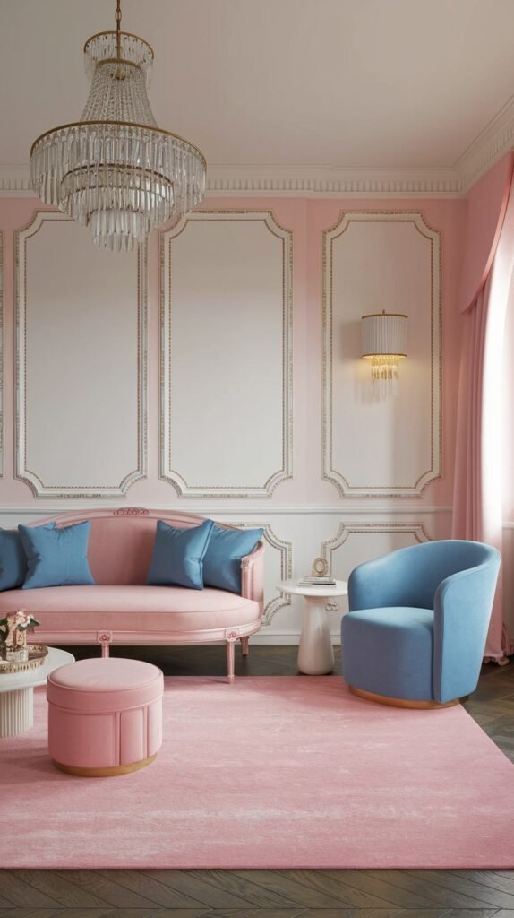An opulent luxury pastel living room showcasing pastel pink walls with ornate white and gold detailing, a pastel pink sofa, a pastel blue luxury armchair, and a pastel pink rug, all beneath a dazzling crystal chandelier, embodying luxury pastel elegance.