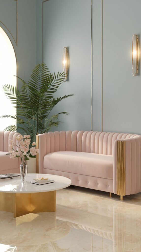 A chic and luxury pastel space featuring pastel blue walls with gold trim, a pastel pink tufted sofa with gold arm accents, and a white marble coffee table, creating a refined and luxury pastel environment.