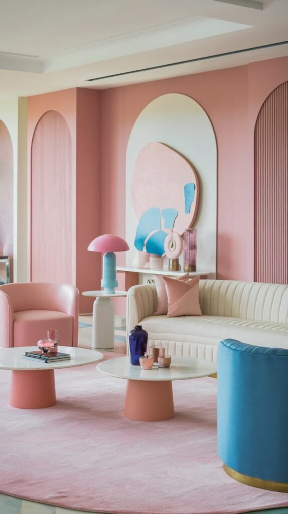 A stylish luxury pastel living room displaying pastel pink fluted walls, a pastel pink armchair, a white sofa, a pastel blue ottoman, and distinctive pastel pink and pastel blue decor, showcasing a playful yet luxury pastel aesthetic.