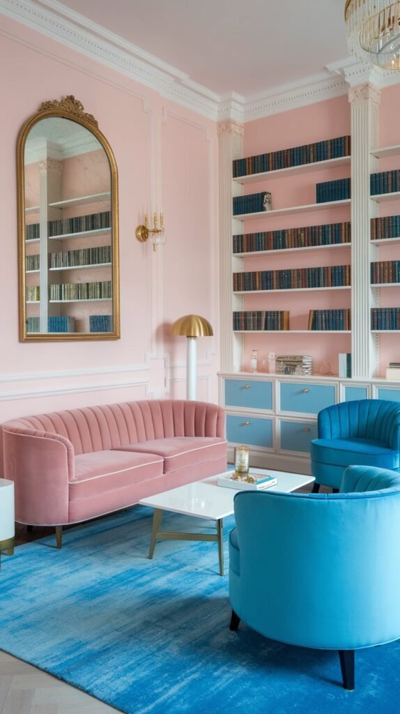 A sophisticated luxury pastel library featuring pastel pink walls, white bookshelves, a pastel pink tufted sofa, two pastel blue luxury armchairs, and a large blue rug, creating a cozy and luxury pastel study.