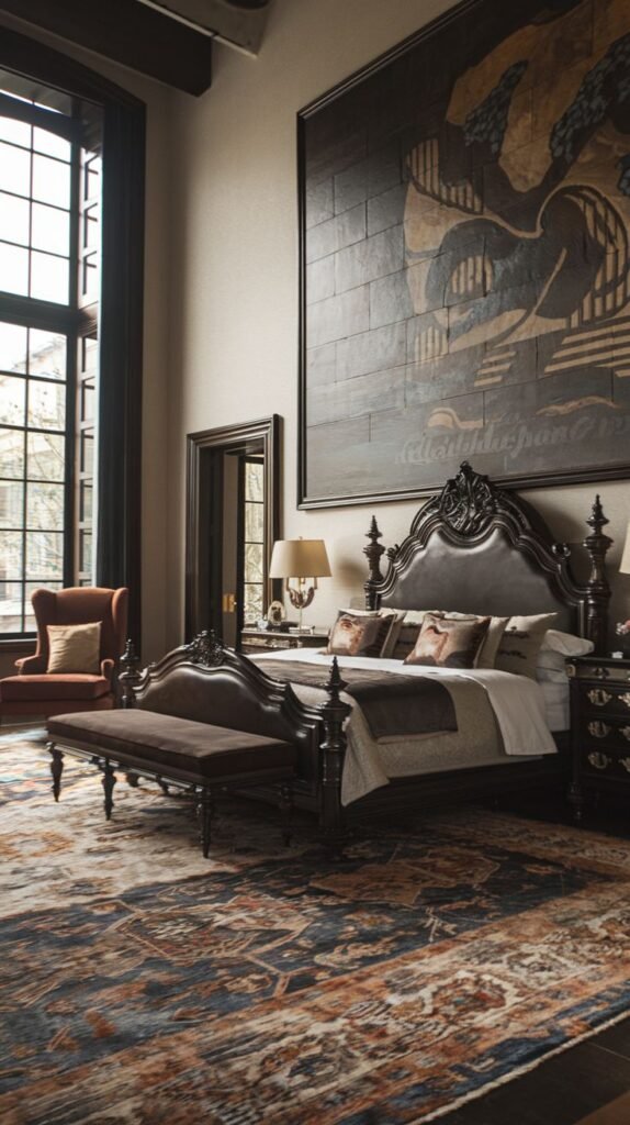 A majestic king bedroom with a dark, intricately carved bed frame and a dark upholstered headboard. The room features a very tall window, a large abstract wall art piece, and a patterned rug on a dark wooden floor, creating a grand atmosphere.