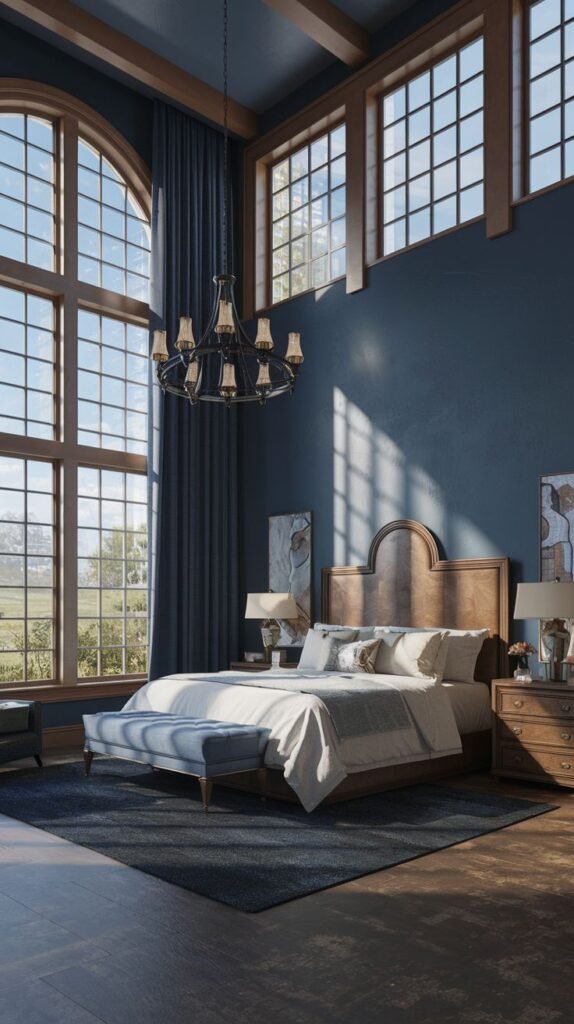 A majestic king bedroom with a light wood bed frame and a curved, minimalist headboard, set against deep blue walls. The room features immense, multi-paned windows extending high up, providing abundant natural light and a feeling of openness.