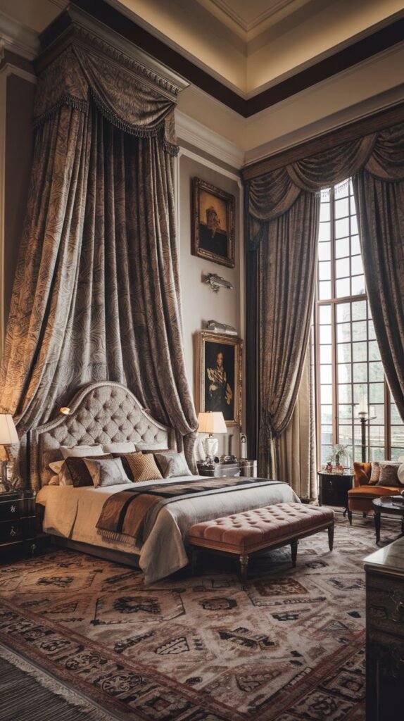 A majestic king bedroom designed with luxurious, heavily draped curtains that extend from the ceiling, framing the bed and a large window. The bed has a tufted upholstered headboard, and the room is furnished with antique-style pieces and a richly patterned rug.