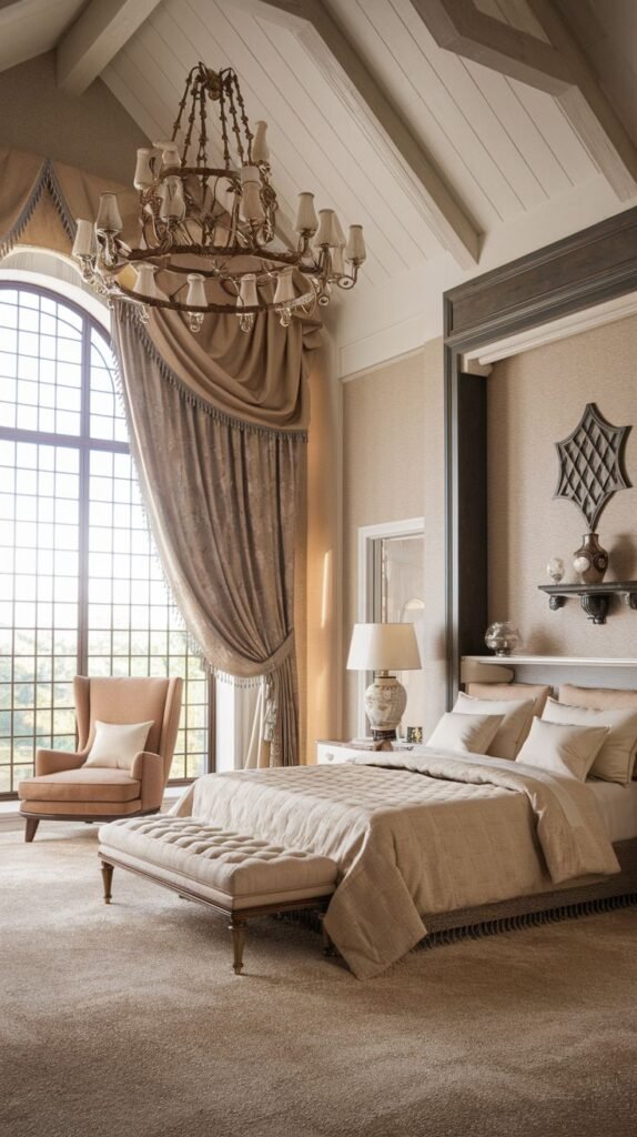 A majestic king bedroom with a light-colored upholstered bed and a matching bench, set on a beige carpet. A striking arched window with draped curtains and a large, intricate chandelier enhance the airy and elegant feel of the room.