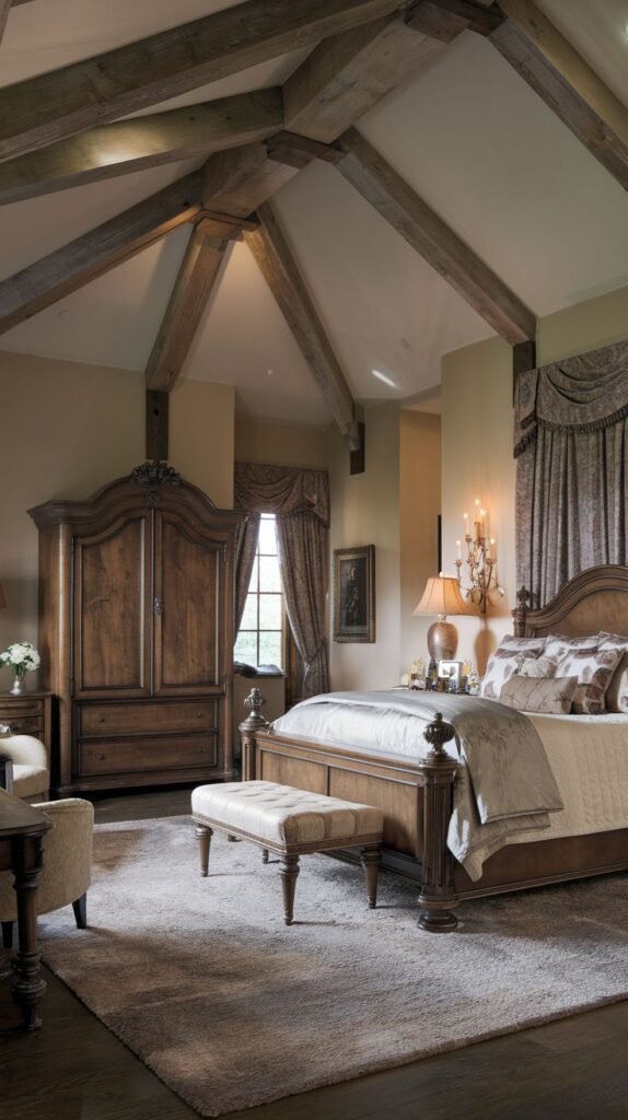 A cozy yet majestic king bedroom with a traditional wooden bed frame and a high wooden wardrobe. The room features exposed ceiling beams and a plush rug, creating a warm and inviting atmosphere.
