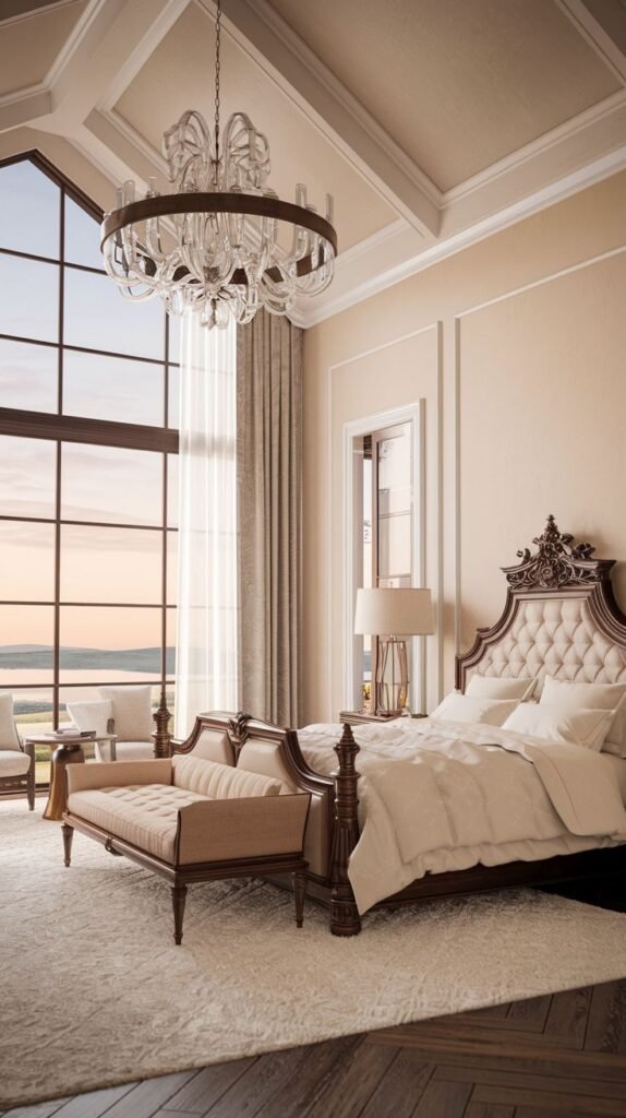 A bright and majestic king bedroom with a light-toned upholstered bed frame and a carved headboard, offering views of a scenic sunset through a vast, angled window. A clear chandelier hangs from the detailed ceiling, adding to the room's serene elegance.