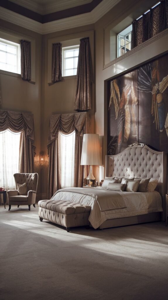 A majestic king bedroom with a tufted upholstered bed, set in a room with very high ceilings and multiple windows at different levels. A grand floor lamp stands beside the bed, adding to the stately ambiance.