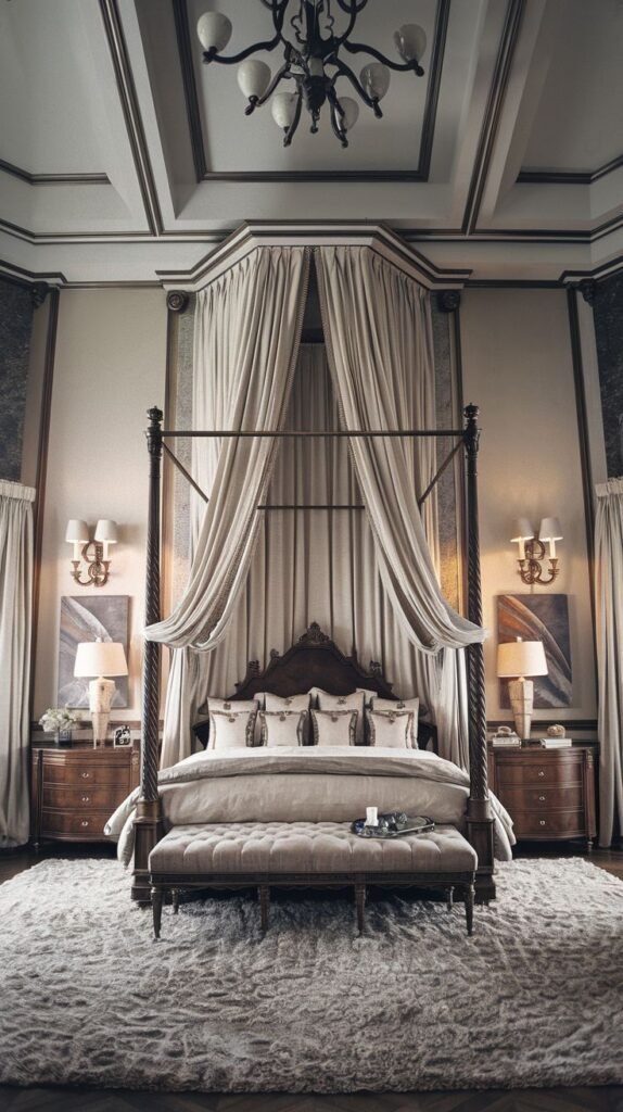 A majestic king bedroom centered around a four-poster bed with light-colored drapes and a wooden headboard. The room has richly textured walls, ornate wall sconces, and a large, multi-tiered chandelier, all contributing to its classic grandeur.