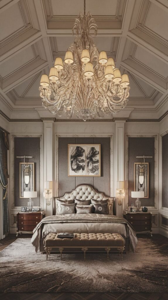 An incredibly majestic king bedroom with a large, elaborate crystal chandelier dominating the ceiling. The bed features a tufted upholstered headboard with a gold frame, and the room boasts dark paneled walls with decorative trim and large mirrors, creating an opulent setting.
