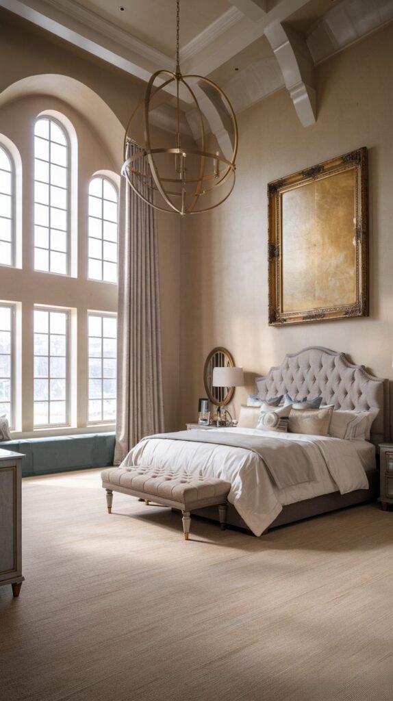 A contemporary and majestic king bedroom with a light gray tufted headboard and a beige upholstered bench at the foot of the bed. The room is exceptionally bright due to towering arched windows, and a modern spherical chandelier hangs from the high ceiling.