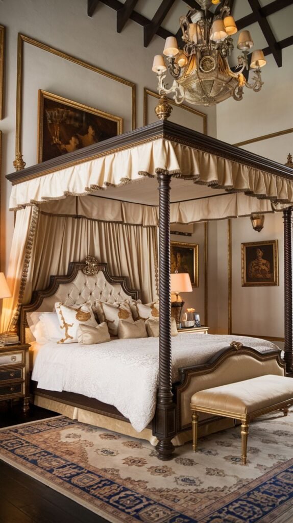 A majestic king bedroom showcasing a dark wood four-poster bed with elegant cream drapes and a tufted upholstered headboard. A lavish chandelier hangs from the ceiling, and a light-colored bench sits at the foot of the bed on a patterned rug.