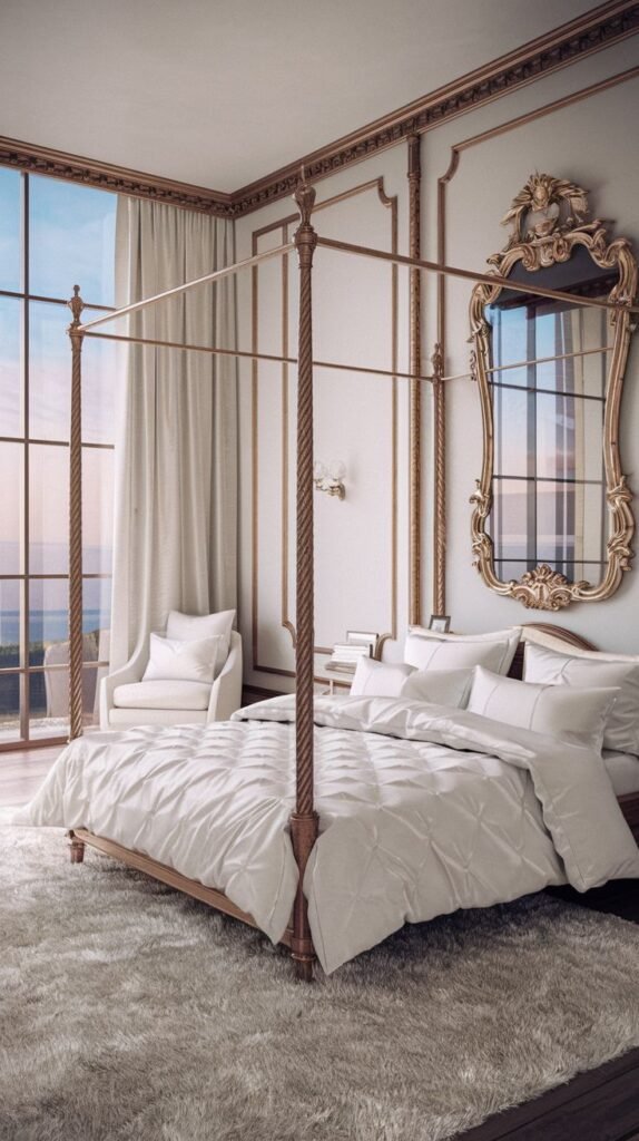 A majestic king bedroom featuring a delicate, gold-toned four-poster bed with simple white bedding. The room boasts very tall windows with expansive views, ornate wall moldings, and a grand mirrored wall accent, creating a luxurious and bright space.