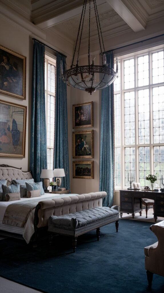 A majestic king bedroom with a light-colored upholstered bed and a dark blue rug. The room features a distinctive chandelier, tall multi-paned windows, and dark blue patterned drapes, along with multiple framed artworks on the wall.