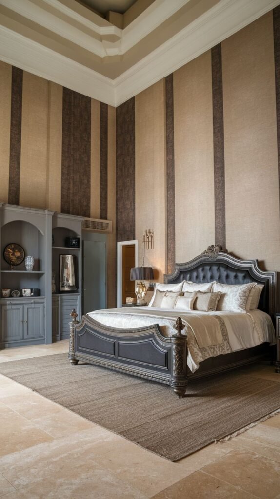A majestic king bedroom with a dark, carved wooden bed frame and a dark tufted upholstered headboard. The room's walls are adorned with bold vertical stripes, and a large built-in shelving unit complements the traditional decor.