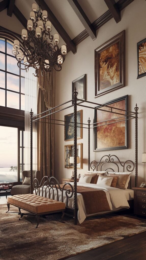 A majestic king bedroom with a wrought iron four-poster bed and an ornate headboard. The room has a high ceiling with exposed beams, a large window with a scenic view, and several framed artworks on the wall, creating an artistic and elegant space.