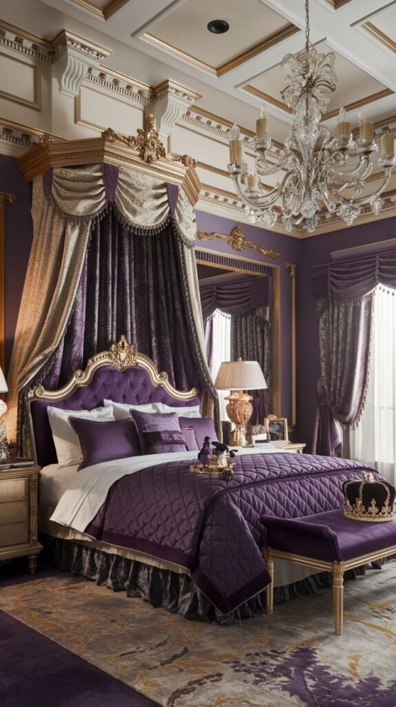 A dramatically majestic king bedroom adorned in rich purple and gold tones. The bed features an ornate canopy and a deep purple tufted headboard, with a regal crown placed on the matching bench, emphasizing luxury and grandeur.