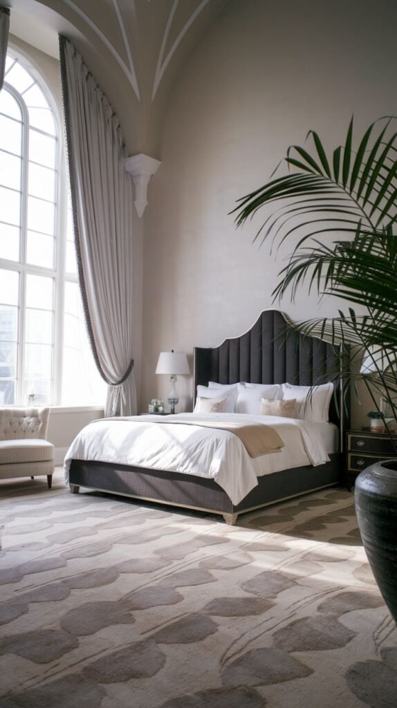 A majestic king bedroom with a dark upholstered headboard and light bedding. The room is characterized by a very tall arched window with elegant drapes and high ceilings with decorative moldings, creating a bright and spacious environment.
