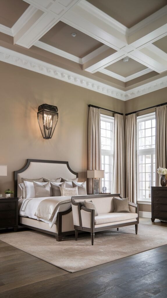 A majestic king bedroom with a light-colored upholstered bed and a matching bench, set on a soft rug. The room has a coffered ceiling, multiple large windows, and an distinctive wall sconce, offering a blend of traditional and contemporary elements.
