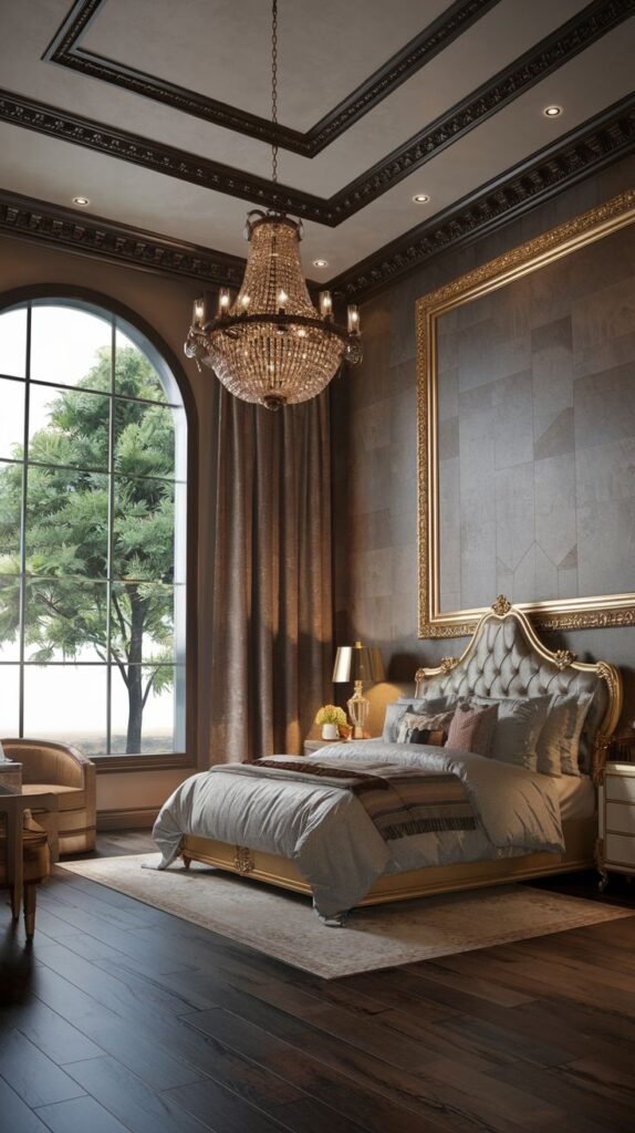 A majestic king bedroom with a luxurious tufted headboard and a gold-framed bed, set against a dark feature wall. A grand crystal chandelier hangs from the ceiling, and a large arched window offers a view of a lush tree, providing a sophisticated and elegant retreat.