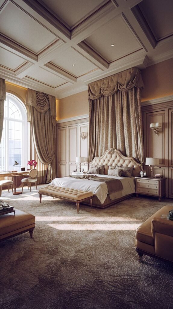 A majestic king bedroom with a light-colored tufted upholstered bed and a coordinating bench. The room features elaborate draped window treatments, coffered ceilings, and classical wall paneling, creating a lavish and inviting space.
