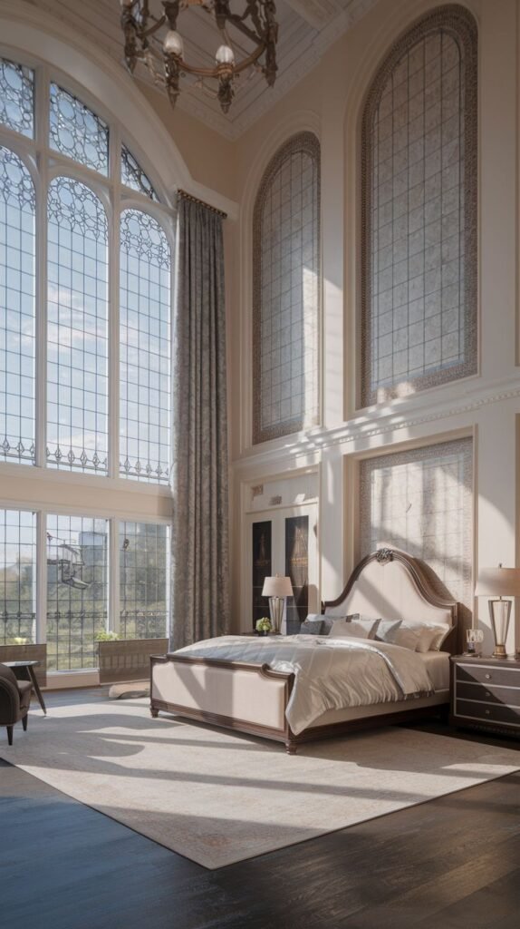 A bright and majestic king bedroom with a light-toned upholstered bed frame and a decorative headboard. The room is dominated by two towering arched windows with intricate glasswork, allowing ample natural light to fill the space.