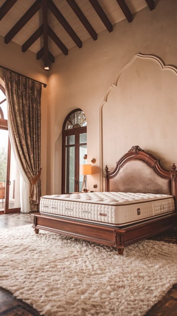 A majestic king bedroom showcasing a dark carved wooden bed frame with a mattress. The room has a vaulted ceiling with exposed beams, and unique arched doorways and windows that lead outside, giving it a distinct architectural charm.