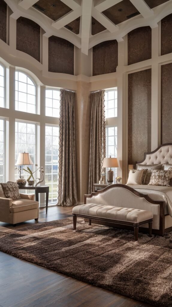 A majestic king bedroom with a light-colored tufted upholstered bed and a coordinating bench, set on a textured brown rug. The room is bathed in natural light from large, multi-paned windows and features high ceilings with decorative architectural elements.