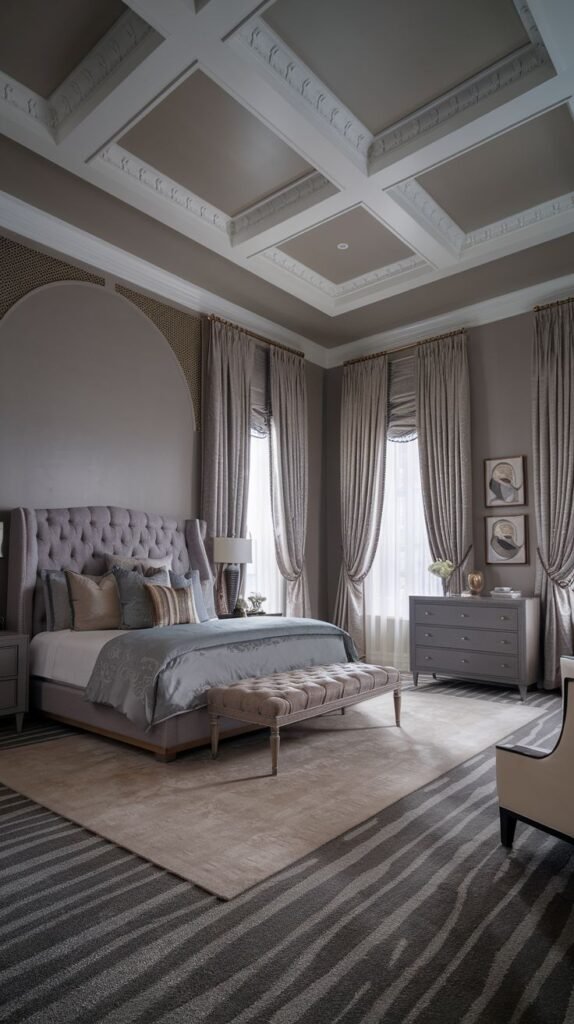 A majestic king bedroom with a tall, grey tufted upholstered bed and a blush-toned bench. The room features a highly detailed coffered ceiling, elegant drapes on multiple windows, and a modern striped rug, blending classic grandeur with contemporary design.