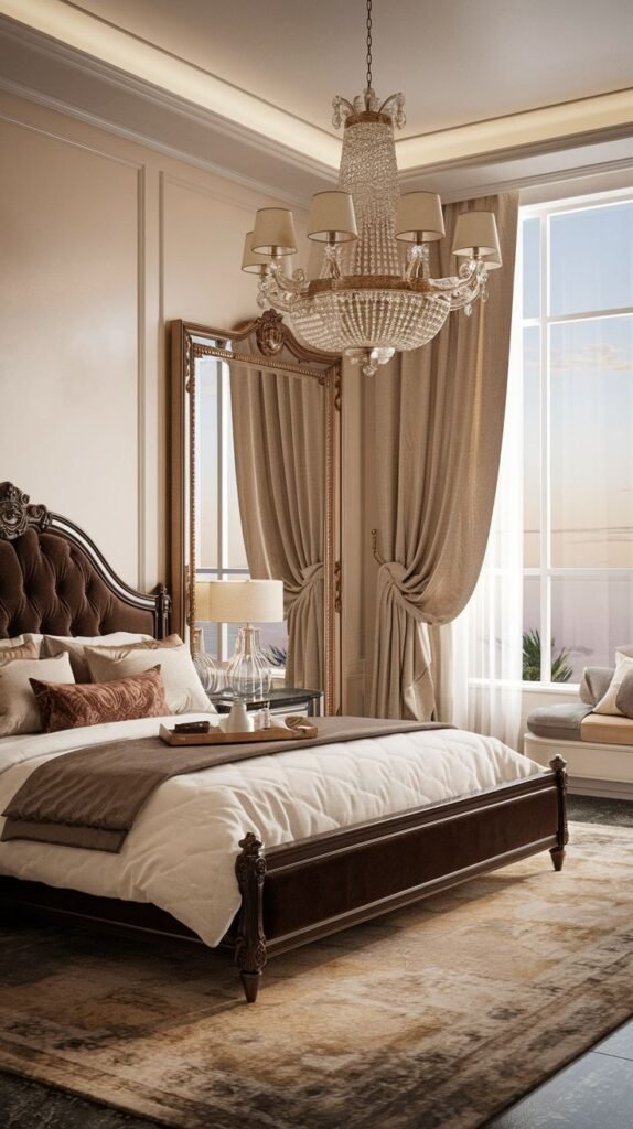 A majestic king bedroom with a dark carved wooden bed frame and a rich brown upholstered headboard. The room is illuminated by a grand crystal chandelier and natural light from a large window with draped curtains, featuring a large standing mirror that reflects the elegant space.